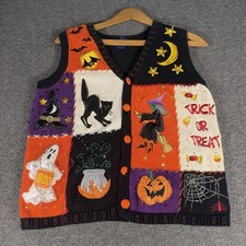Vintage Halloween Embellished Embroidered Patchwork Cat Pumpkin Sweater Vest S picture