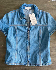 ZARA Women's Blue Denim Full Zip Up Short Sleeve Top Size L Regular NWT picture