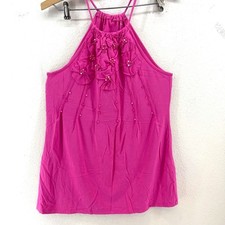 Y2K Halter Top Womens M Pink Beaded Floral Rosette Barbiecore Summer Chic picture