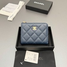 Chanel AP3999 Navy Blue Quilted Caviar Leather Zip Wallet Gold CC 11.5cm picture