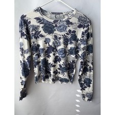 Vintage Bonjour Blue Floral Newsprint Toile Ribbed Long Sleeve Top Cream picture