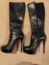 CHRISTIAN LOUBOUTIN Black Bianca Botta 140 Leather High Knee Boots Size 37.5 picture
