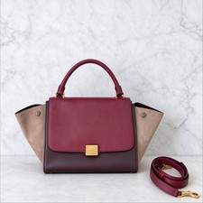 Auth Celine Trapeze Medium Burgundy Calfskin Beige Suede Top Handle Bag picture