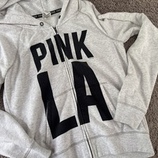 RARE Victoria's Secret Pink Gray Hoodie Bling Palm Tree Back Front LA Pink (L) picture
