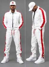 Men's Leather Tracksuit Set Jacket & Pants White Stripe 2 Piece Sporty Biker picture
