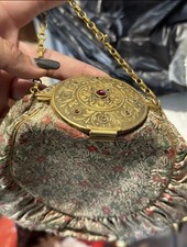 Vintage 1940s Jeweled Compact Purse Brocade Evening Bag Vanity Clutch Mirror picture