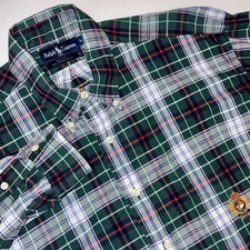 VTG Ralph Lauren USA MADE Green Plaid ButtonDown Shirt GOLD CREST Crown Mens•L picture