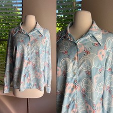 Vintage 60s 70s Top XL Womens Blue Floral Sharp Dagger Collar Long Sleeve Retro picture