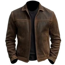 Men’s Cafe Racer Distressed Brown Motorcycle Biker Real Leather Jacket picture