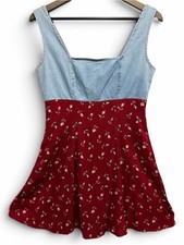 Vintage 90s Grass Raggs Denim Rosebud Floral Babydoll Mini Sundress Small USA picture