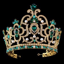 14cm Tall Large Green Crystal Crown Tiara Wedding Prom Queen Princess  For Women picture