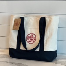 Trader Joe's Reusable Canvas Tote Shopping Bag Cream Navy Large NEW with Tags US picture