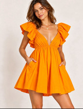 For Love & Lemons Clementine Orange Ruffle Sleeve Mini Dress V-Neck Backless XS picture
