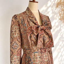 VTG 70s 80s Paisley Midi Dress Bow Tie Neck Long Sleeve Mod Boho Belted Womens picture
