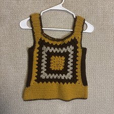 Vtg 1970s Handmade Crochet Vest Tank Cropped Yellow Brown Granny Square Small picture