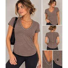 Lululemon Circadian Short Sleeve Tee Mini Pop Stripe Mink Berry Black V Neck picture
