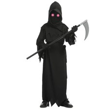 Kids Grim Reaper Halloween Costume Skeleton Robe Glowing Red Eyes Scary Cosplay picture