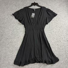 Forever 21 Fit Flare V Neck Dress Womens L Woven Ruffle Hem Flutter Sleeve Black picture