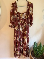 Storia Burgundy Fall Floral Maxi Dress Square Neck Billow Ruffle Sleeve *NWOT picture