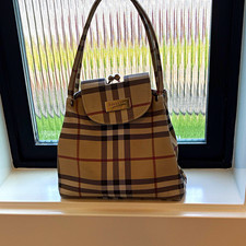 Burberry Nova Check Canvas & Leather Top Handle Bag Beige Kiss Lock Zip picture