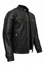 Men's Cafe Racer Motorcycle Leather Jacket Genuine Sheep Skin Black Biker picture