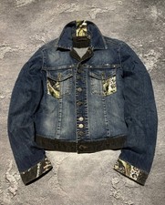 Vtg Roberto Cavalli Y2K Rhinestone Denim Jacket Corduroy Trim Printed Italy Sz M picture