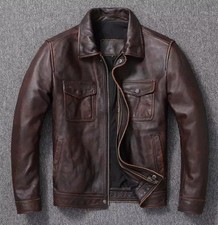 Men’s Motorcycle Biker Vintage Distressed Brown Café Racer Real Leather Jacket picture