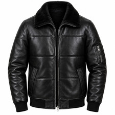 Men’s Genuine Black Leather Bomber Jacket Fur Collar Coat with Zip picture