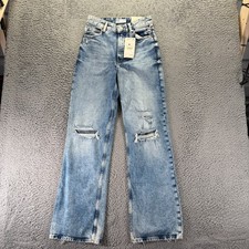 Vintage Bershka Claudia Jeans Womens 4 Blue Cotton Denim Wide-Leg 90s Distressed picture