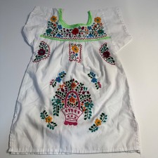 Vintage Mexican Hand Embroidered Floral Peasant Dress White Toddler Size 2 picture