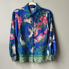 Zara Satin Blouse Top Women's XS New NWt Blue Cranes Asian Floral Chinoiserie picture