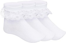 3 Pairs Girls Ruffle Socks White Lace Frilly Ankle Socks Cute Soft Cotton Look picture