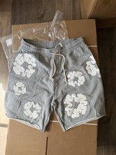 DENIM TEARS Gray Cotton Fleece Floral Wreath Sweat Shorts Drawstring L picture