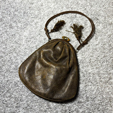 Antique Edwardian c1910 Leather Handbag Purse Brass Ring Clasp Tassels picture