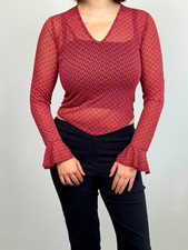 Y2K red & orange geometric mesh sheer V-neck bell sleeve ruffle top, Size S picture