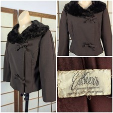 Vtg 1950s 1960s Esther's New Haven Cropped Brown Jacket Faux Fur Collar Bows picture