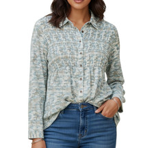 NWT JODIFL Cream/Blue WATERCOLOR Crinkle Challis BUTTON-UP  SMOCK TOP Blouse M picture