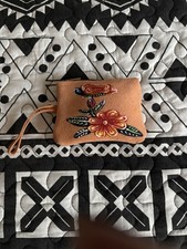 Hand Painted From Mexico Small Zippered Genuine Suede Peach Coin Purse NWOT picture