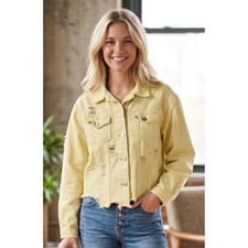 POL Distressed Yellow Denim Jacket Raw Hem Star Patch SMJ139 Womens Large picture