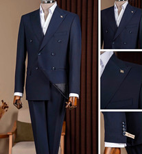 Men's Blue Solid 2-Piece Suit Double-Breasted Peak Lapel Six-Button 40 picture
