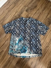 Tommy Bahama Silk Short Sleeve Shirt Blue Geometric Palm Print picture