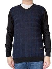 Men's Balmain Paris Blue Black Cotton Textured Knit Sweater V Neck Medium picture