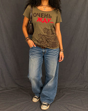 Vintage Y2K Made in USA Russian Cyrillic Graphic Tee Olive Brown Pink M picture