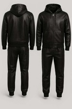 Men Black Genuine Leather Tracksuit Jogging Suit Hooded Two Piece Set All Size picture