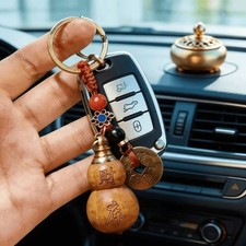 Feng Shui Peach Wood Calabash Keychain Lucky Wealth Coin Amulet Car Key Ring picture