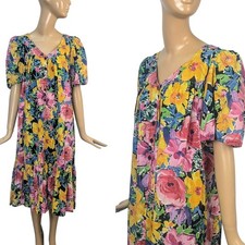 Vintage 70s Star of India Bright Floral Cotton Dress Puff Sleeve Boho Indian S picture