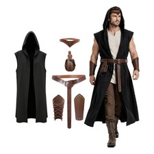 Men's Medieval Renaissance Costume Set,Halloween Ranger Hooded Vest LARP,XL picture