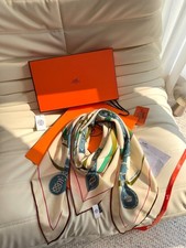 HERMES Silk Triangle Scarf Cream Multicolor Equestrian Print picture