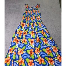 Royal Creations Womens OS Maxi Dress Blue Orange Hibiscus Floral Smocked Rayon picture