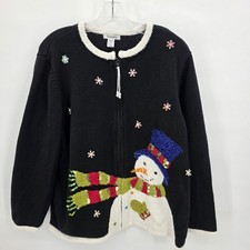 Vintage Hampshire Studio Cardigan Sweater Womens 3X Black Zip Snowman Christmas picture